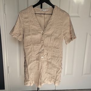 ZARA TAN LINEN JUMPSUIT Romper WITH POCKETS SIZE MEDIUM